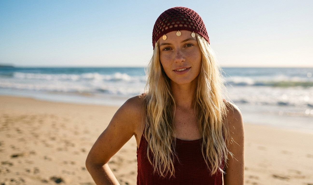 Bonnet crochet pièces dorées — Bordeaux