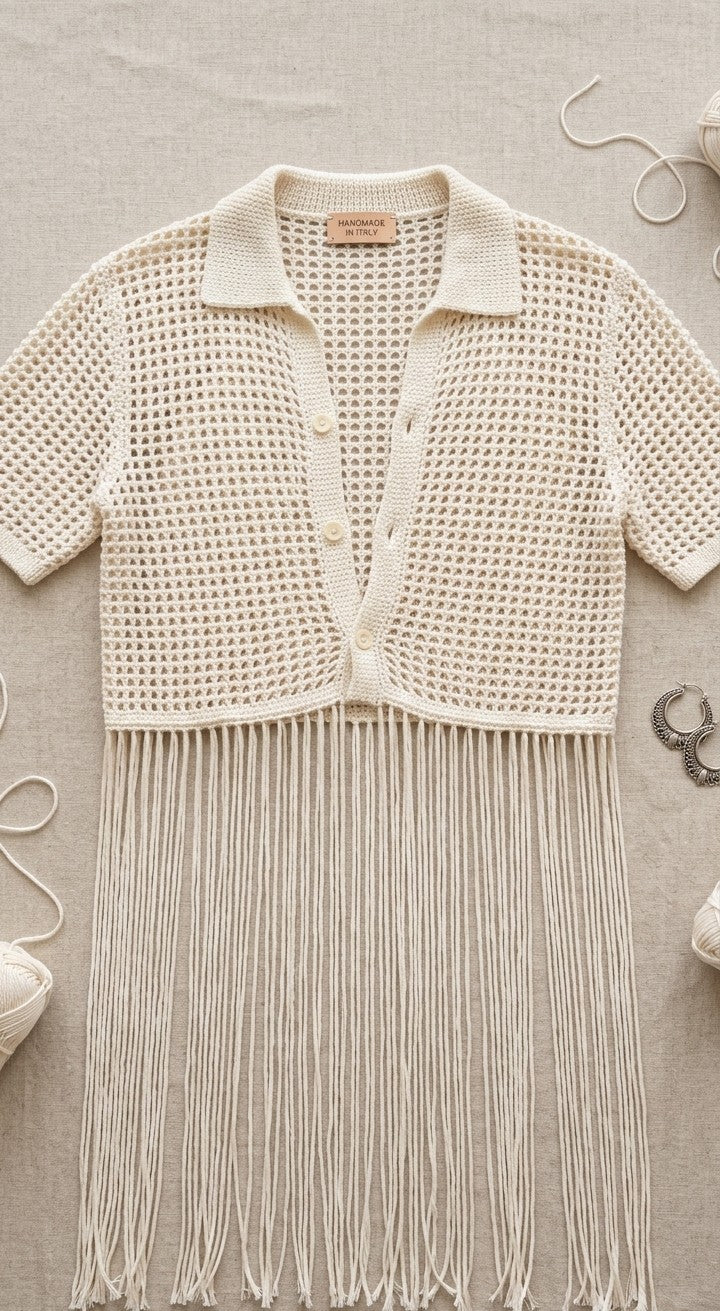 Chemise crochet franges — Blanc Ivoire