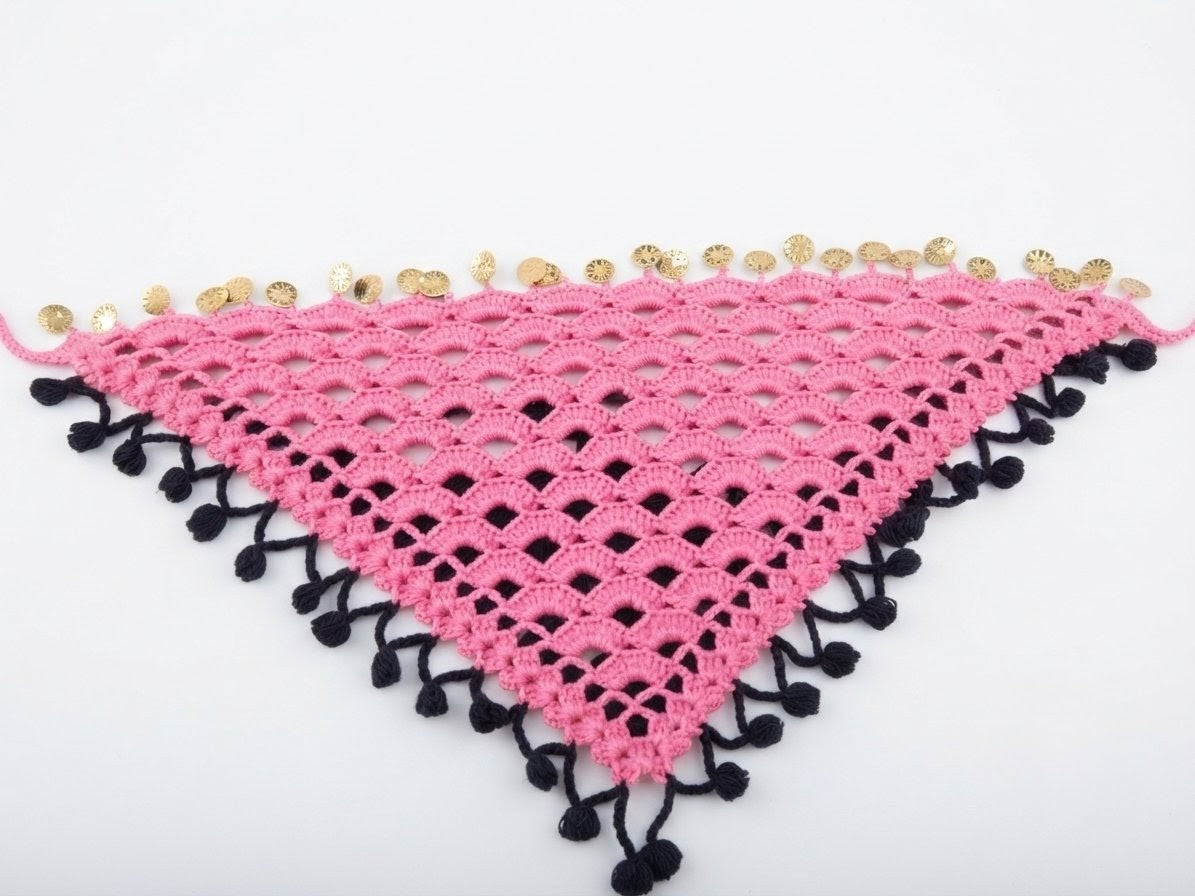Foulard Crochet Rose & Noir — Bandana Bicolore Artisanal Marocain