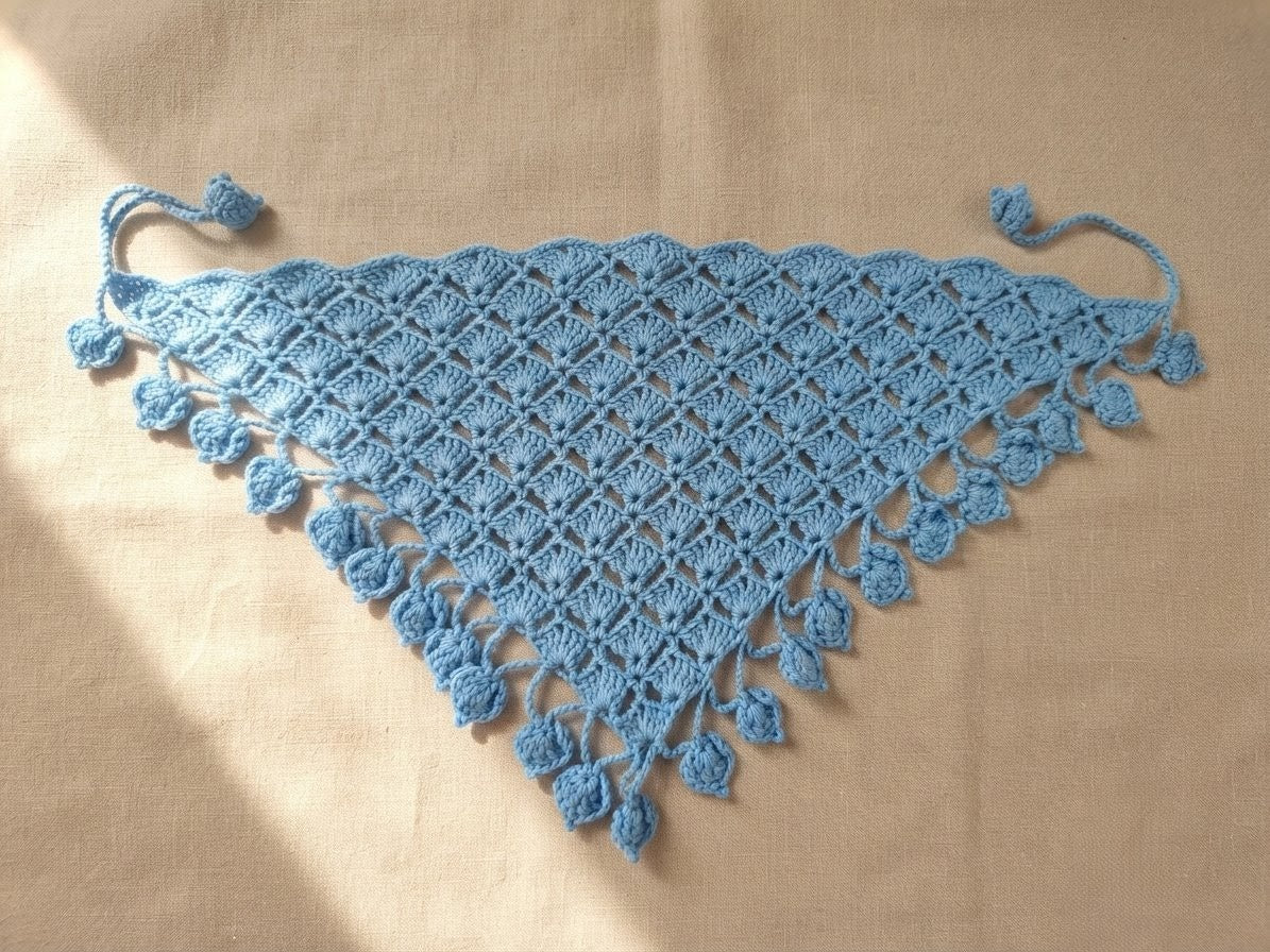 Foulard Crochet Bleu Ciel & Pompons — Bandana Artisanal Marocain