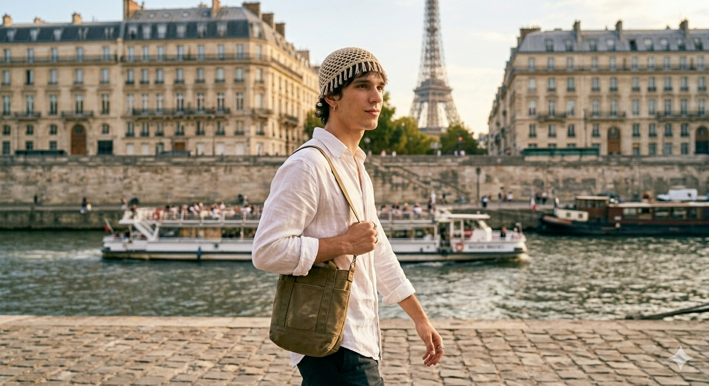 Bonnet crochet franges — Beige Paris