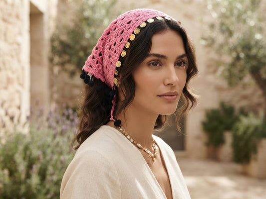 Foulard Crochet Rose & Noir — Bandana Bicolore Artisanal Marocain