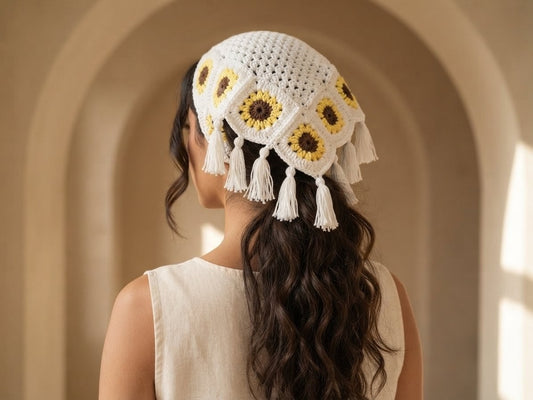 Foulard Crochet Blanc & Tournesols — Bandana Artisanal Marocain