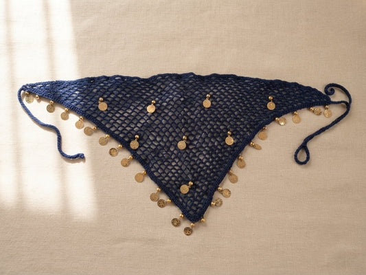Foulard Crochet Bleu Marine & Pièces Dorées — Bandana Artisanal Marocain