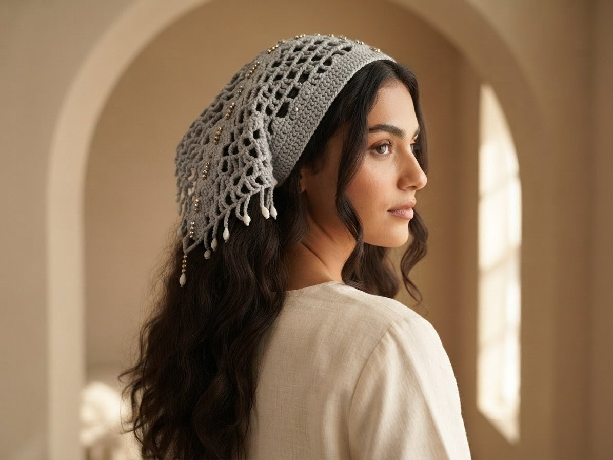 Foulard Crochet Gris Argenté & Perles Blanches — Bandana Artisanal Marocain