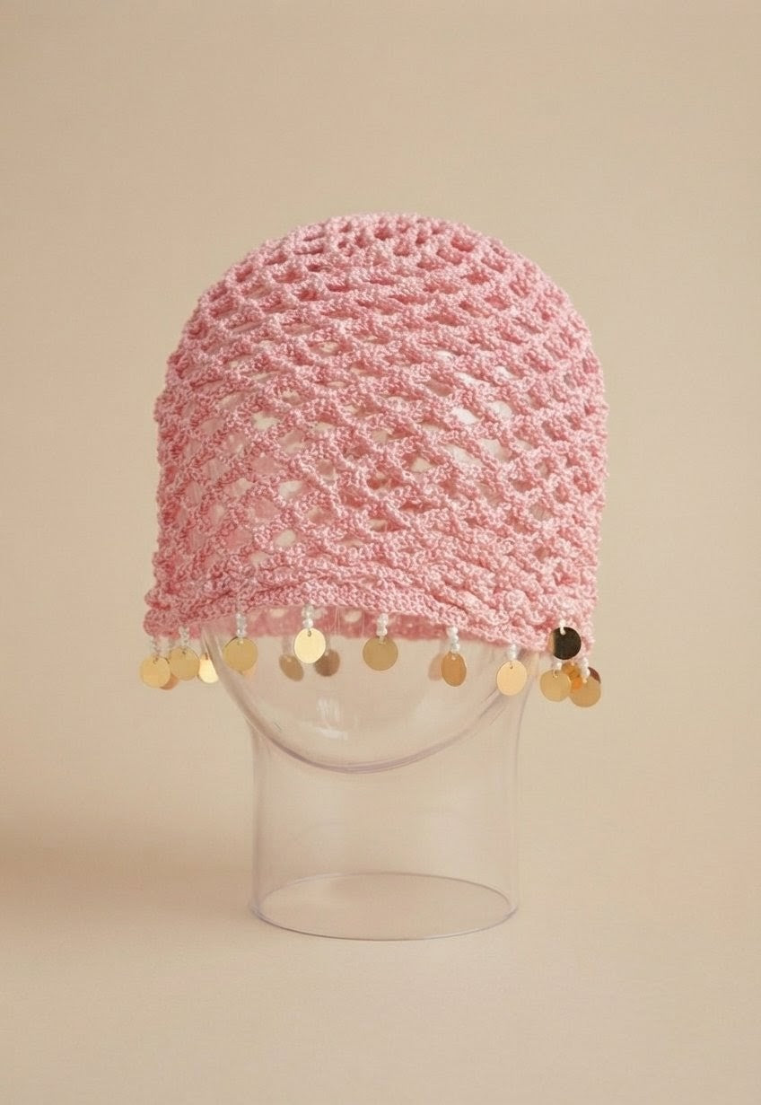 Bonnet au crochet à sequins dorés — Rose Poudré