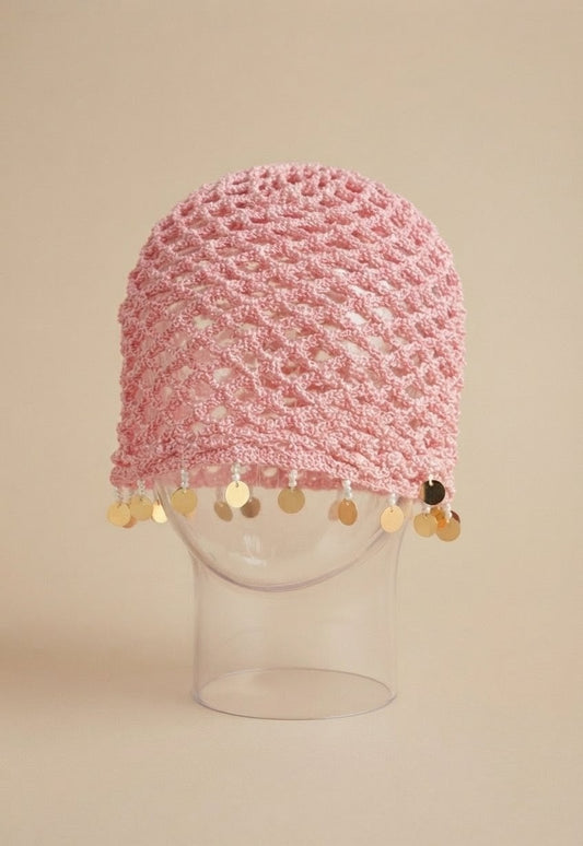 Bonnet au crochet à sequins dorés — Rose Poudré