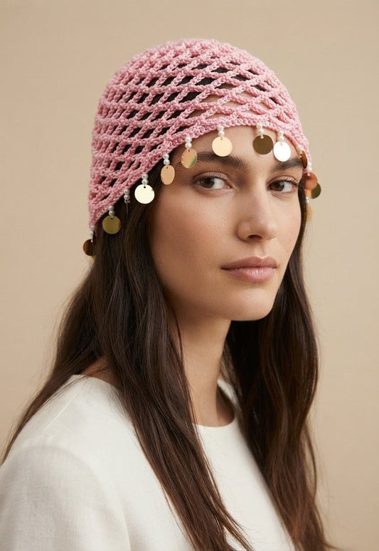 Bonnet au crochet à sequins dorés — Rose Poudré