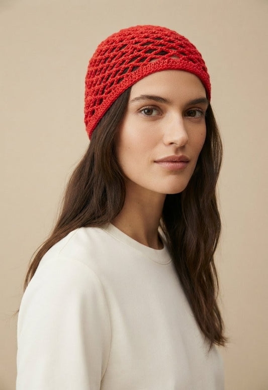 Bonnet au crochet en maille filet — Rouge Coquelicot