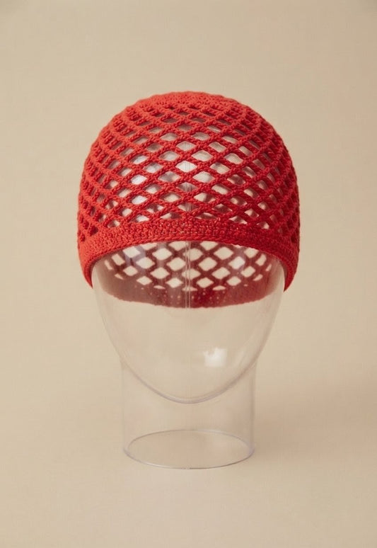 Bonnet au crochet en maille filet — Rouge Coquelicot