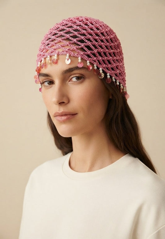 Bonnet au crochet à sequins nacrés — Rose Ancien