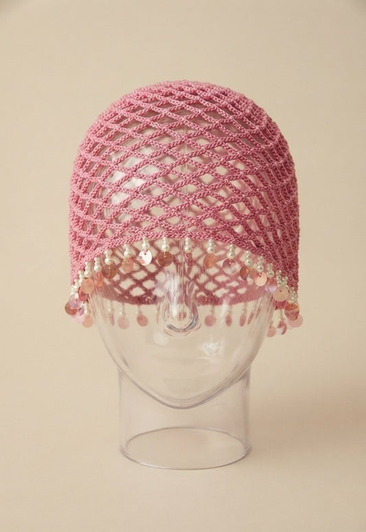 Bonnet au crochet à sequins nacrés — Rose Ancien