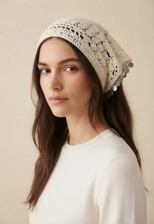 Foulard au crochet à pièces argentées — Écru