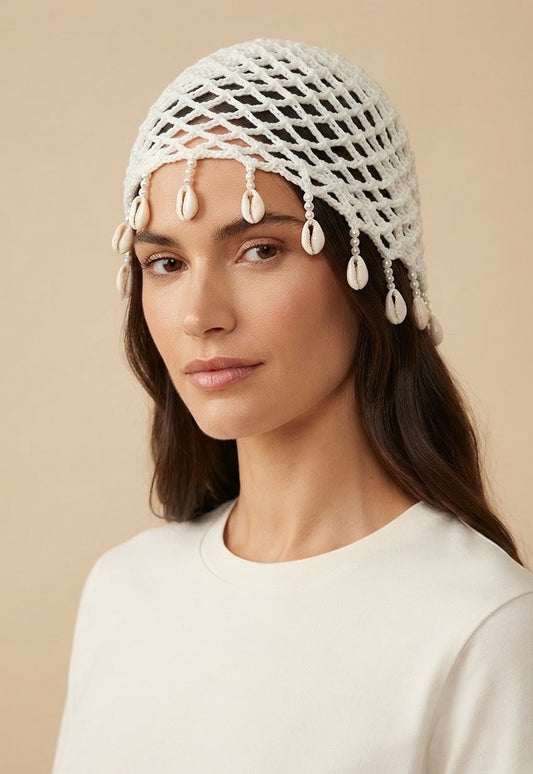 Calotte au crochet à cauris et perles — Blanc Nacré